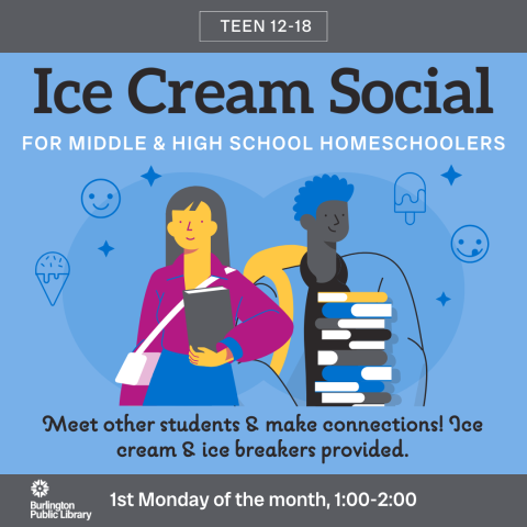 Ice cream social for high school homeschoolers. First Thursdays October - June , 1pm