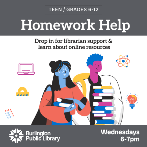 HW help for teens. Wednesdays, 6-7pm