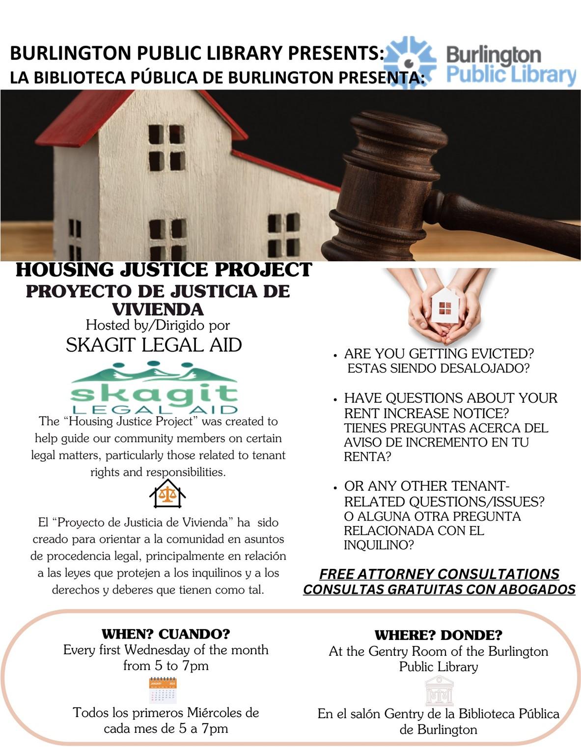 The “Housing Justice Project” was created to help guide our community members on certain legal matters, particularly those related to tenant rights and responsibilities.    El “Proyecto de Justicia de Vivienda” ha  sido creado para orientar a la comunidad en asuntos de procedencia legal, principalmente en relación a las leyes que protejen a los inquilinos y a los derechos y deberes que tienen como tal.